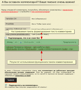Панель форматирования комментария